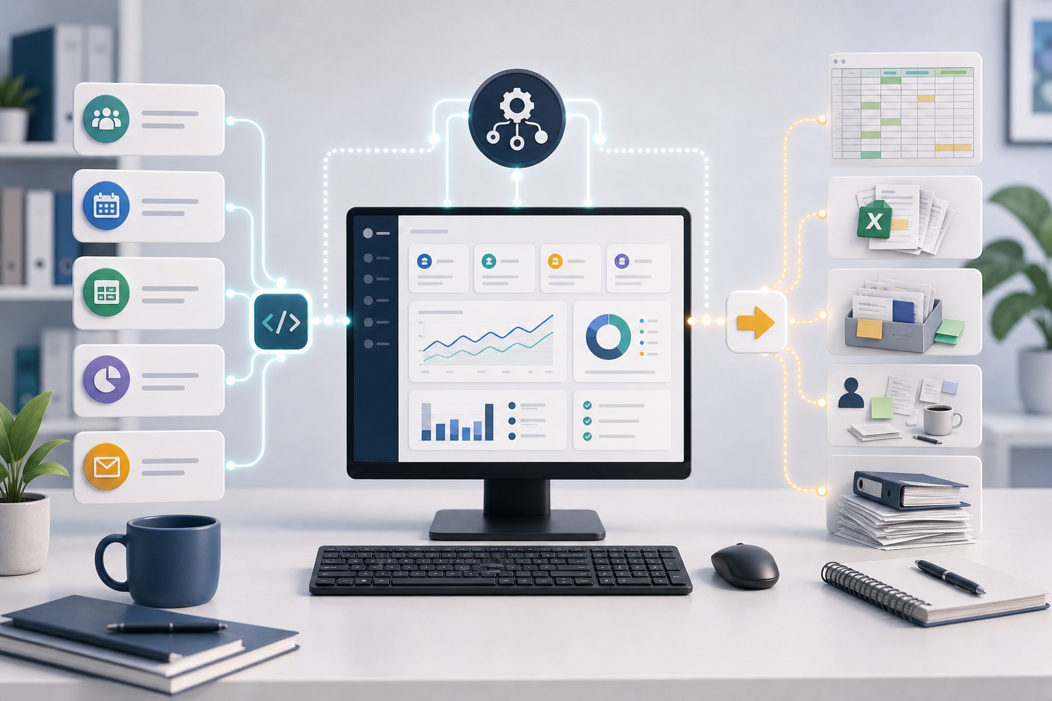 Business software approach shown as useful tools kept, important systems connected and fragile workarounds replaced.